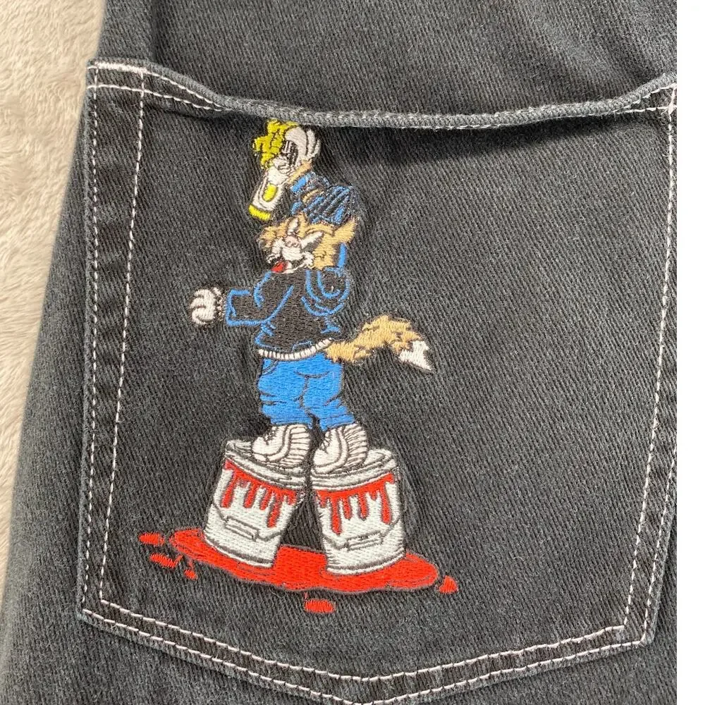 Empyre Black Baggy Skate Jeans Size 28 Y2K Wide Leg Embroidered Wolf Denim